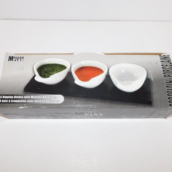 Maison Plus Set 3 Ceramic Dipping Dishes with Wooden Base NEW - box has wear - Picture 3 of 7